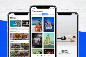application fizzup affichant menus, programmes d'entraînement fitness et exercices de musculation
