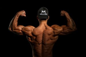 homme musclé de dos en flexion biceps, casquette gorilla freak, musculation