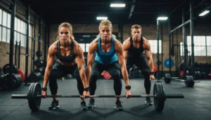 trois athlètes pratiquant le crossfit avec des haltères en salle d'entraînement